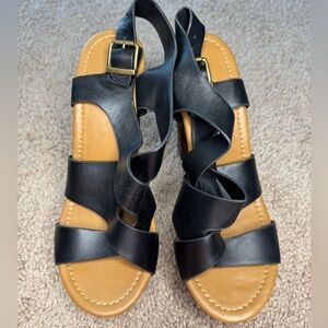 Soda Black and Tan Wedge Sandals